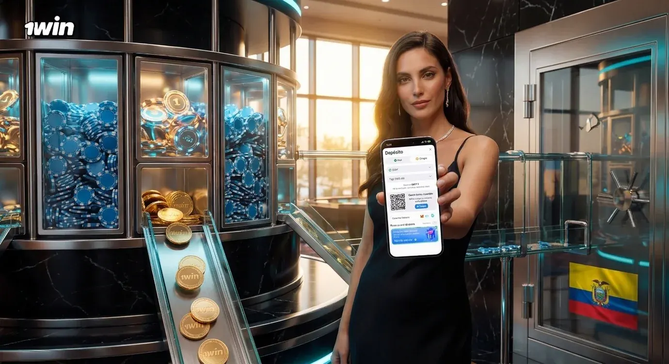 Mujer muestra en su celular la pantalla de depósito de 1win junto a una bóveda con fichas, monedas doradas y la bandera de Ecuador